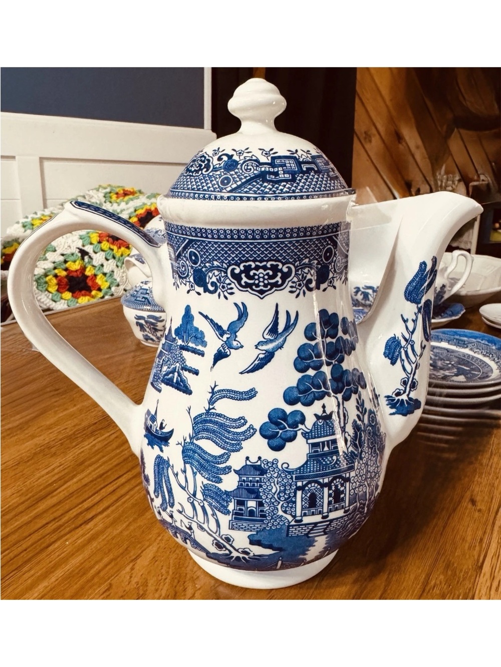 Blue and White Willow-Style Ceramic Teapot by Home Art Ceramics